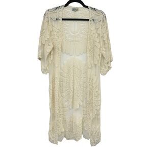 Cream Embroidered Lace Kimono Cardigan Large Boho Fairy Festival Duster Layering
